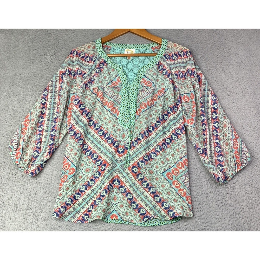 Anthropologie Fig and Flower Blouse Womens Size Medium Teal Multicolor Sheer - Picture 2 of 12